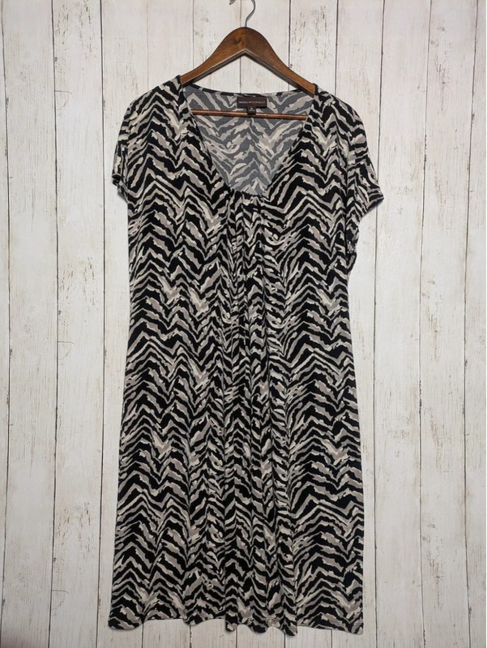Dana Buchman XL Zebra Print V-Neck Stretch Work Dress Black Beige